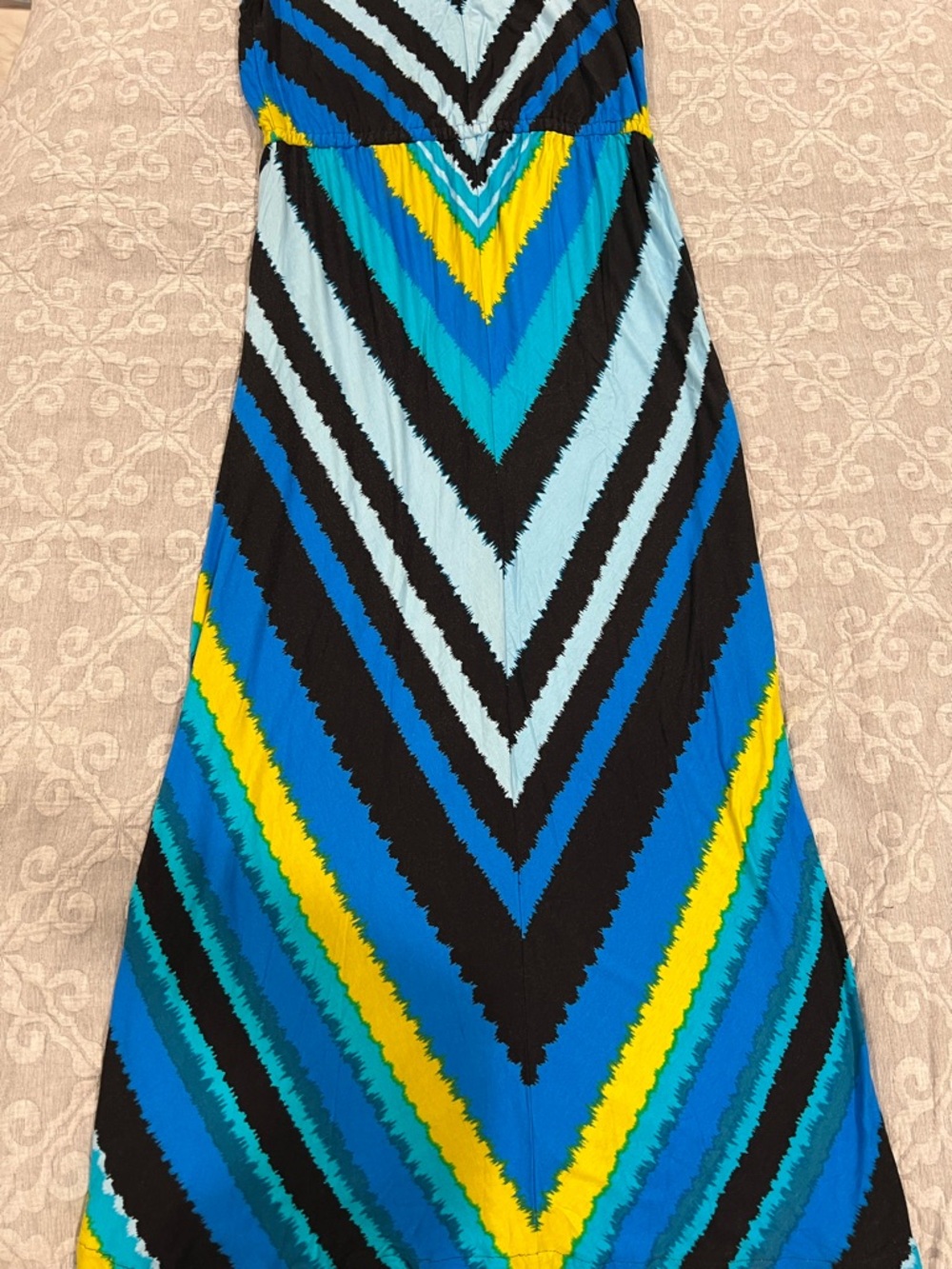 Calvin Klein Striped V-Neck Maxi Dress in Black, Blue & Yellow - Picture 2 of 5